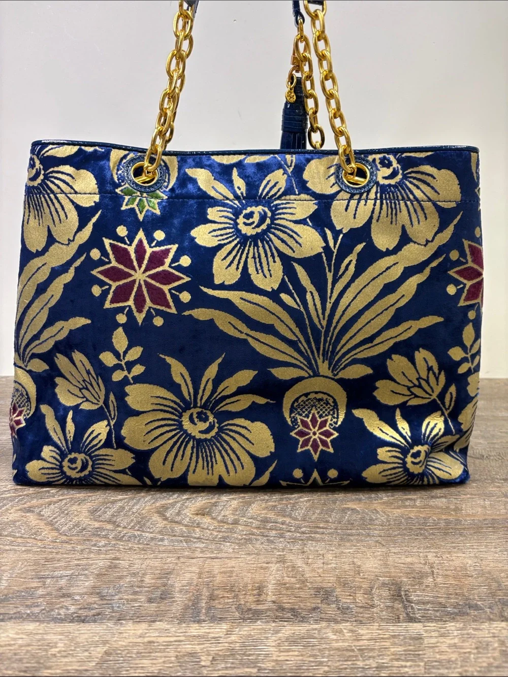 Tory Burch Rare Cosmic Floral Velvet Tote Blue Gold Shoulder Bag NWT